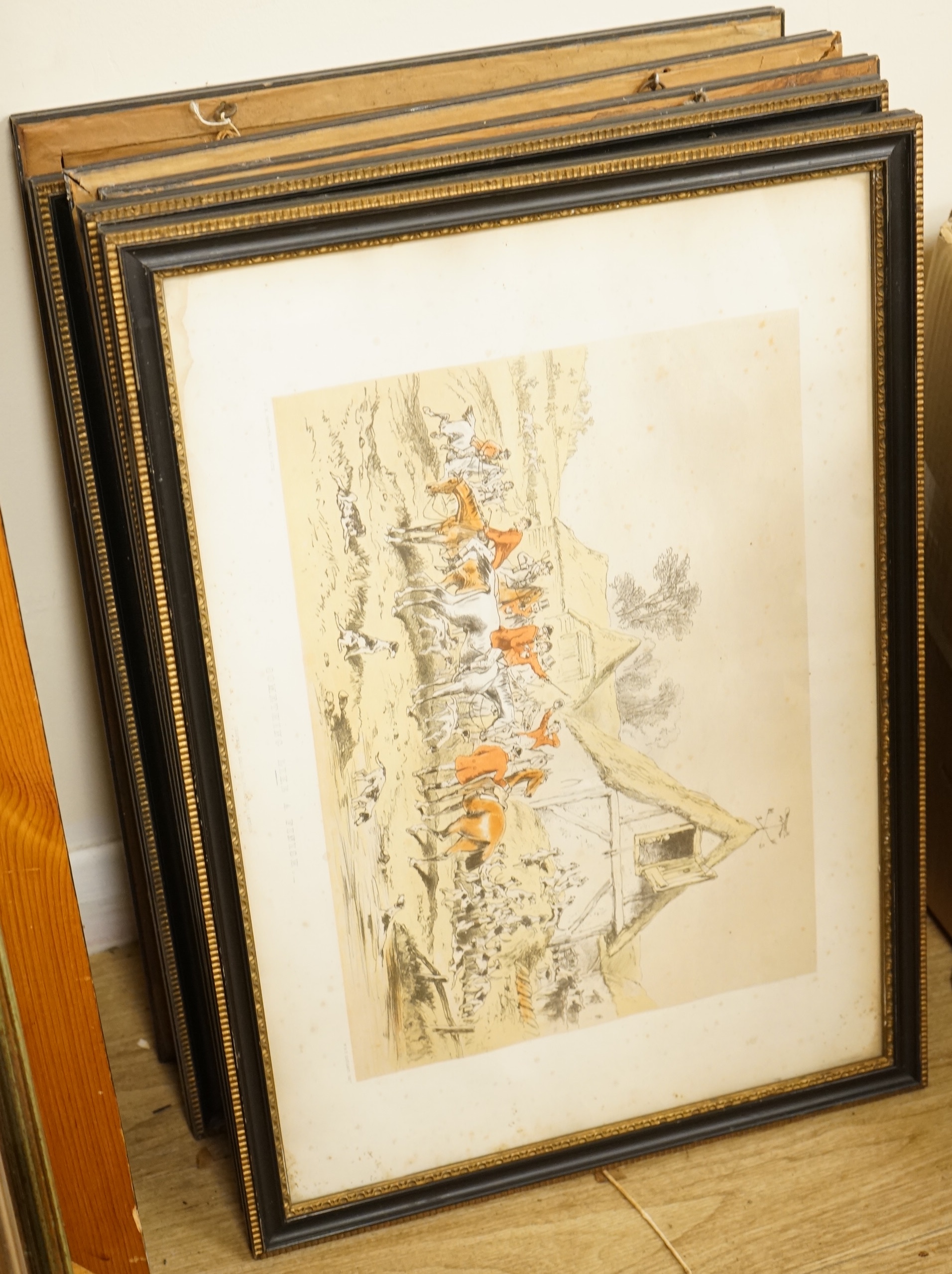 After Hablot Knight Browne (1815-1882), Hunting scenes to include 'Something like a finish', 'Founded' and 'Look before you leap', set of six colour lithographs, each 34 x 50cm